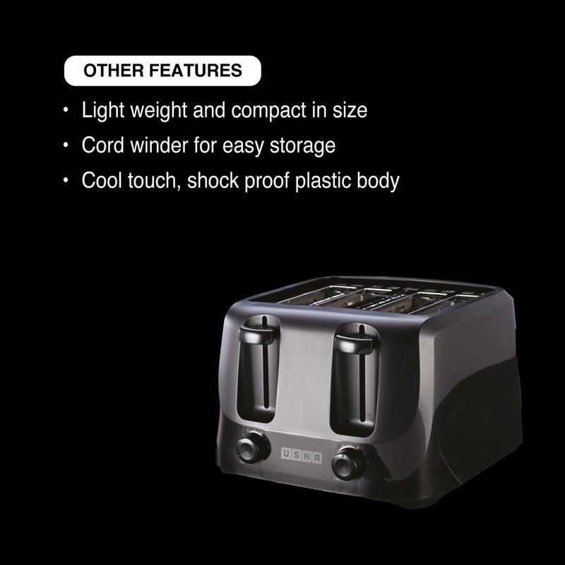 Usha محمصة توست iToast 4 شريحة | 1400 واط | 6 إعدادات تحمير | جسم بلاستيكي بارد للمس ومقاوم للصدمات | صينية فتات قابلة للإزالة | توسيط تلقائي للخبز لتحمير متساوي | ضمان لمدة 2 سنوات (أسود) - Image 3