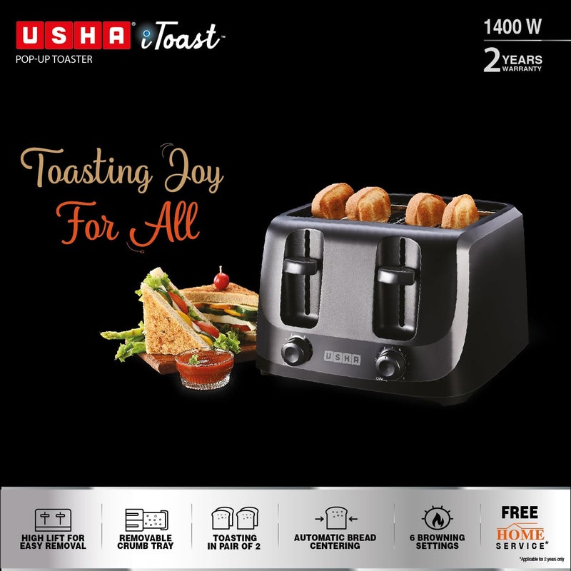 Usha محمصة توست iToast 4 شريحة | 1400 واط | 6 إعدادات تحمير | جسم بلاستيكي بارد للمس ومقاوم للصدمات | صينية فتات قابلة للإزالة | توسيط تلقائي للخبز لتحمير متساوي | ضمان لمدة 2 سنوات (أسود) - Image 2