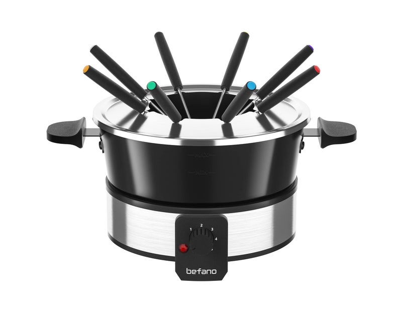 Befano Stainless Steel Fondue Pot with Temperature Control Forks Cups and Rack 2Quart NonStick Perfect for Chocolate Cheese Caramel Marshmallows Great for Valentines Day