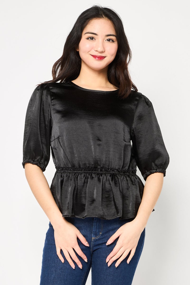 Threadbare Women Round Neck Plain 3/4 Sleeve Blouse, Black - Image 1