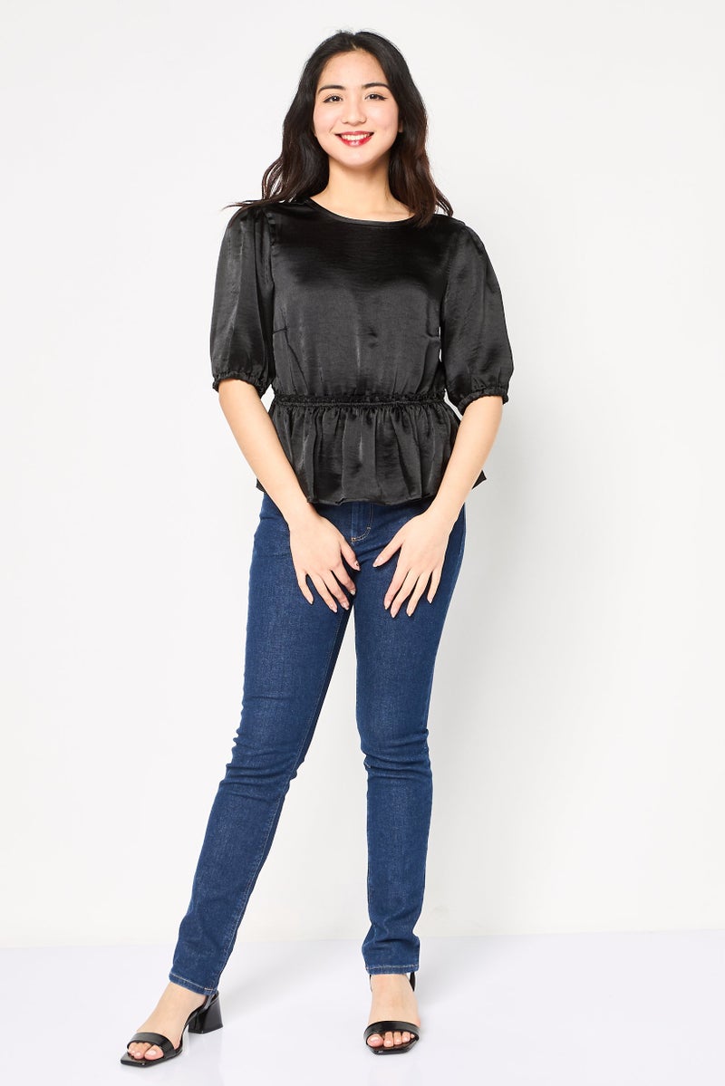 Threadbare بلوزة نسائية بياقة دائرية بأكمام 3/4 بسيطة، سوداء - Image 2