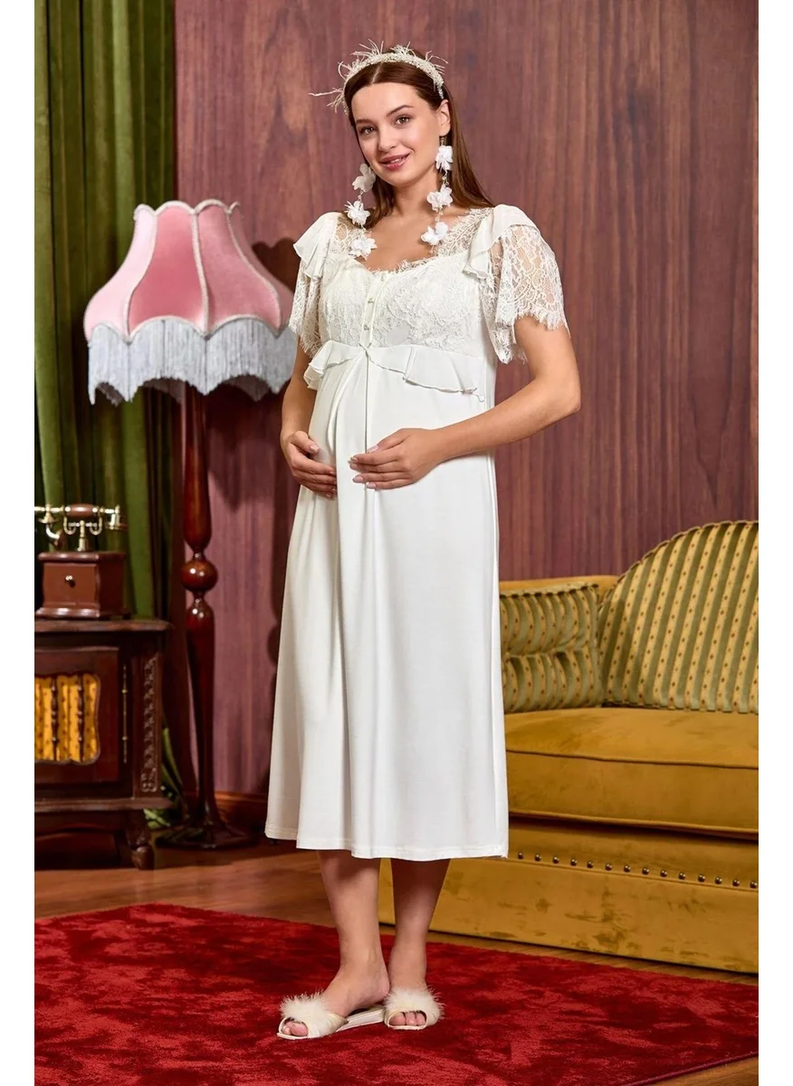 Cossy By Aqua 25132 Maternity Maternity Short Sleeve Lace Maxi Nightgown-Cream