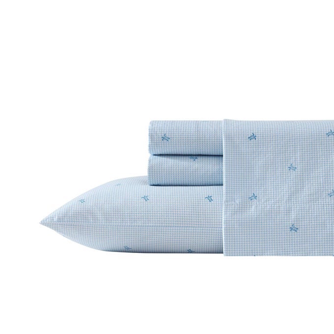 FULL SHEETS COTTON PERCALE BEDDING SET LIGHTWEIGHT BREATHABLE HOME DECOR TURTLE GINGHAM BLUE FULL