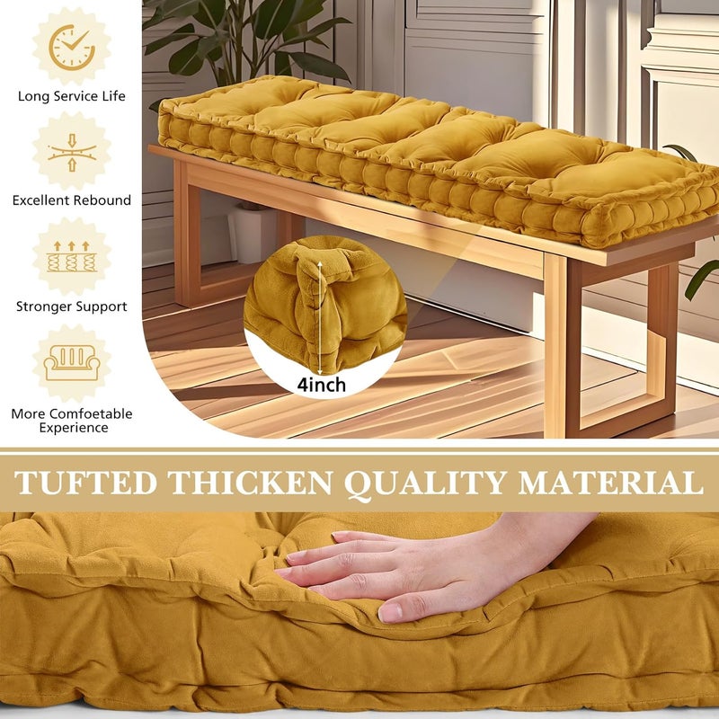 Threehoney وسائد مقاعد ثري هاني للأثاث الداخلي مقاس 40 × 20 بوصة من المخمل لوسائد مطابخ وغرف الطعام ومقاعد البيانو والنوافذ، وسادة مقعد سميكة من رغوة الذاكرة مع خياطة مُحَزَّزة للباحات والشرفات والأرجوحة (أصفر) - Image 3