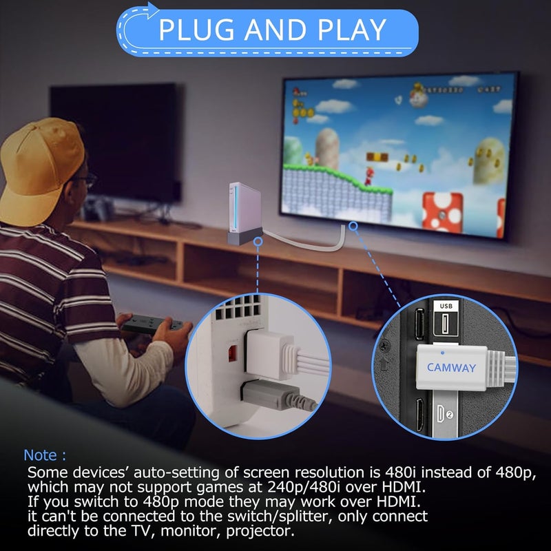 CAMWAY محول Wii إلى HDMI - كابل HDMI ذكر بطول 5 أقدام بدقة 1080P لجهاز Full HD، متوافق مع Wii وWii U وHDTV والشاشات، يدعم جميع أوضاع عرض Wii، توصيل وتشغيل، أبيض - Image 4