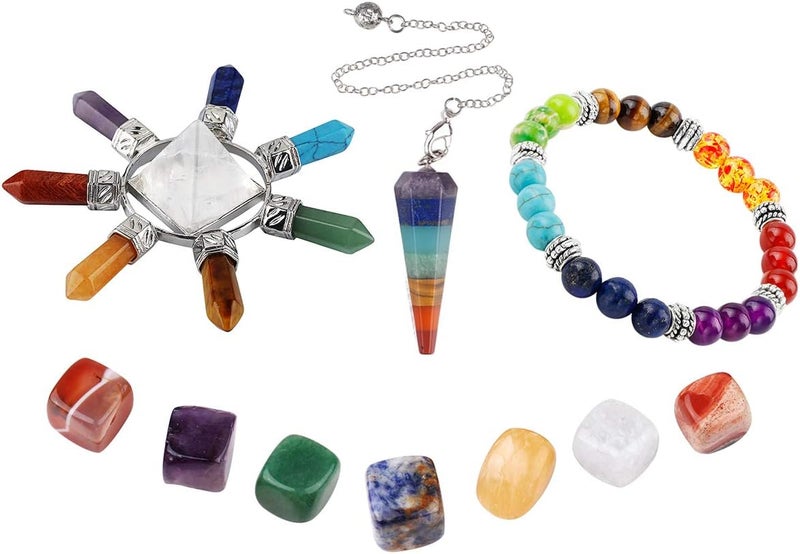 rockcloud Rockcloud Healing Crystals Gift Kit in Gift Box - 7 Chakra Set Tumbled Stones, Rock Quartz Energy Generator, Chara Bracelet & Pendulum for Meditation 