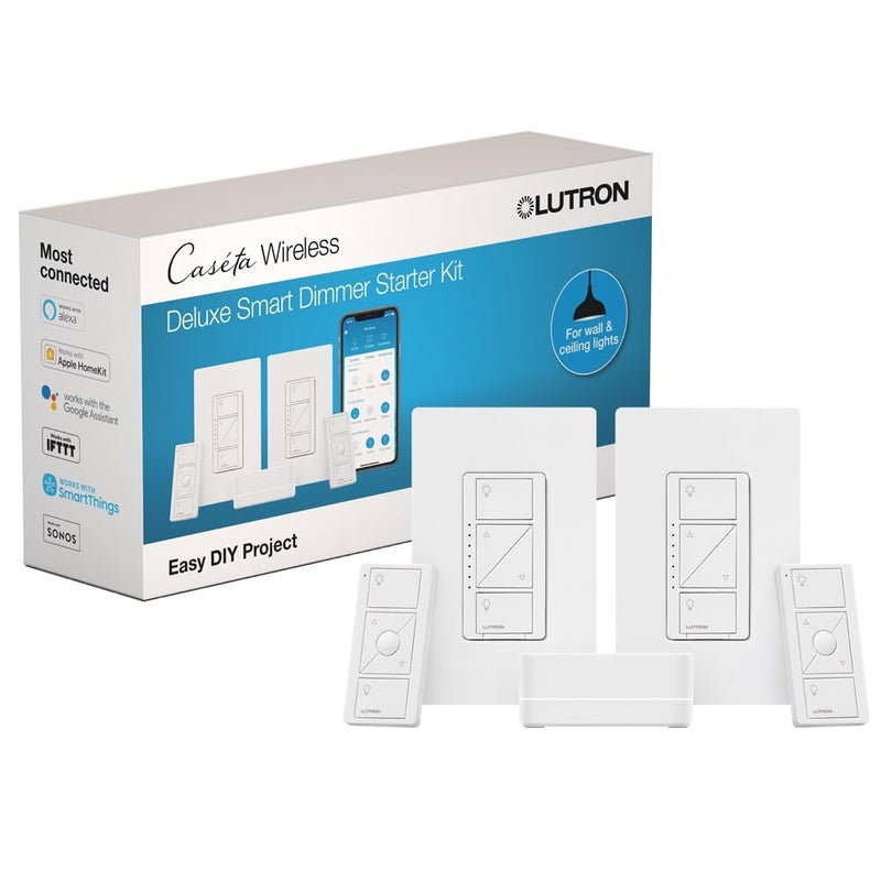 Lutron Caseta Smart Lighting Kit w/ Hub, 2 Original Dimmer Switches, 2 Pico Remotes, & More, for LED Bulbs, Works w/ Alexa, Apple Homekit, Google Home, 150W Single-Pole/3-Way, P-BDG-PKG2W-A - Image 1
