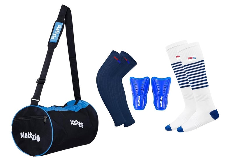 MATTZIG ® Club Football Kit (One Pair of Striped Lycra Socks + One Pair of Shin Guard + One Pair of Cotton Arm Sleeves + One Kit Bag) (White/Blue, Blue) - Image 1
