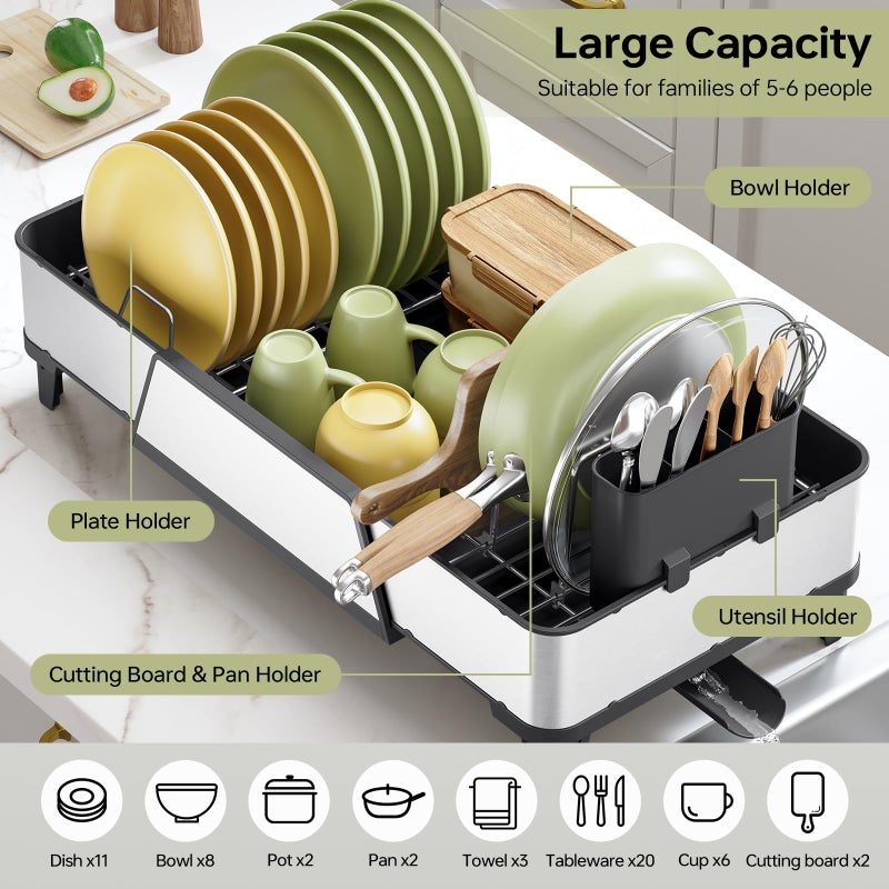 Urackify Large Dish Drying Rack - Triple Expandable Dish Rack for Kitchen Counter, Stainless Steel Sink Organization and Storage Essentials with Utensil & Pans Holder for Home and Appartment, Black - Image 3