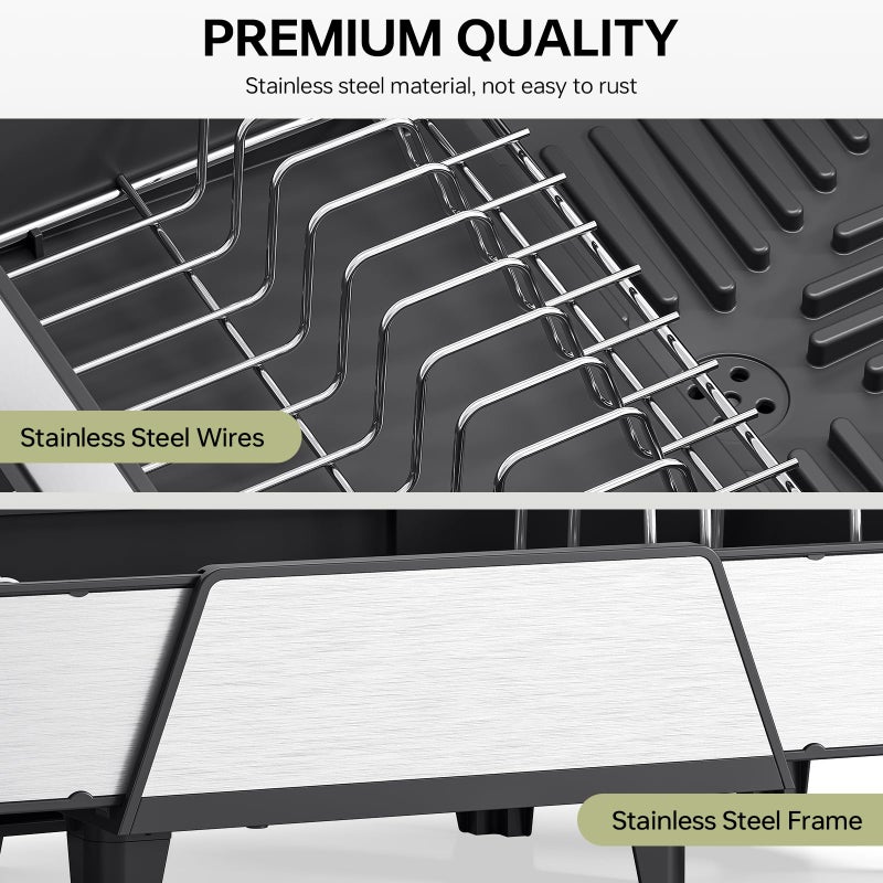 Urackify Large Dish Drying Rack - Triple Expandable Dish Rack for Kitchen Counter, Stainless Steel Sink Organization and Storage Essentials with Utensil & Pans Holder for Home and Appartment, Black - Image 5