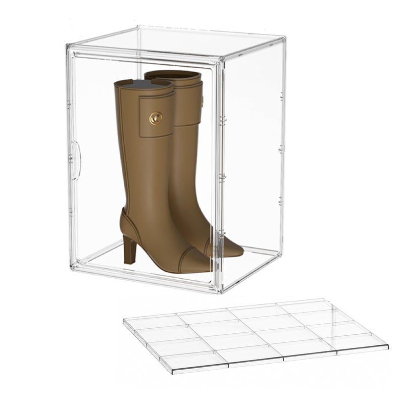 Attelite XXX-Large Clear Display Case Stackable Plastic Storage Bins with Lid, 2 Tiers Boot Shoe Box Organizers with an Adjustable Divider, Big Acrylic Display Storage Box with Magnetic Door - Image 1