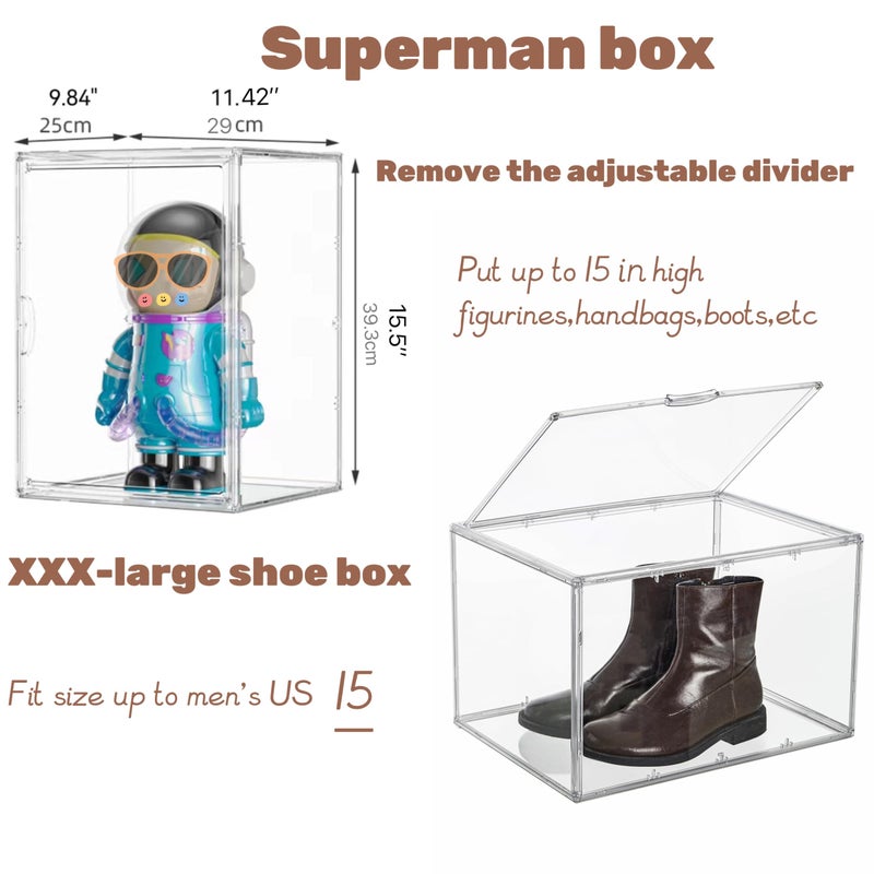 Attelite XXX-Large Clear Display Case Stackable Plastic Storage Bins with Lid, 2 Tiers Boot Shoe Box Organizers with an Adjustable Divider, Big Acrylic Display Storage Box with Magnetic Door - Image 3