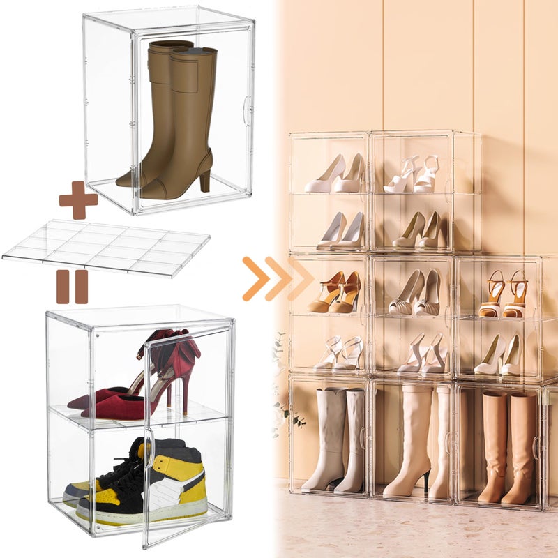Attelite XXX-Large Clear Display Case Stackable Plastic Storage Bins with Lid, 2 Tiers Boot Shoe Box Organizers with an Adjustable Divider, Big Acrylic Display Storage Box with Magnetic Door - Image 2