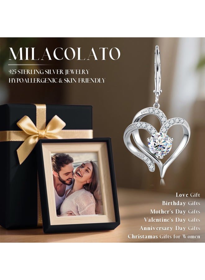 Milacolato 14K Gold Plated Sterling Silver Heart Dangle Earrings for Women Sparkling Cubic Zirconia Birthstone Jewelry Sweet Love Heart Leverback Earrings - Image 3