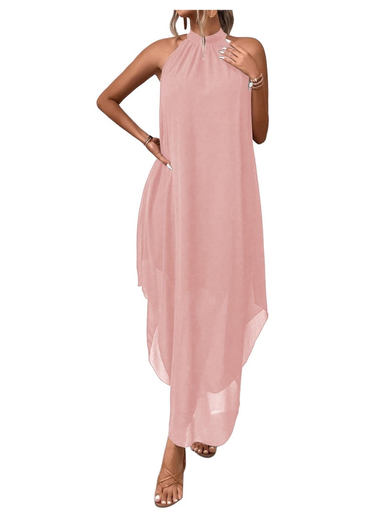 Verdusa Women's Formal Wedding Guest Dress Halter Flowy Chiffon Asymmetrical Long Summer Dress Light Pink Large - Image 1