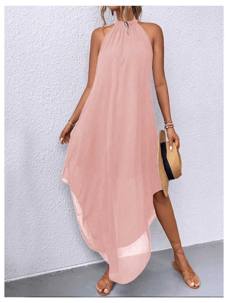 Verdusa Women's Formal Wedding Guest Dress Halter Flowy Chiffon Asymmetrical Long Summer Dress Light Pink Large - Image 5