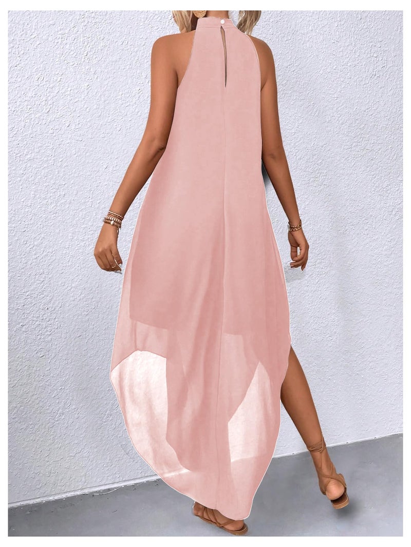 Verdusa Women's Formal Wedding Guest Dress Halter Flowy Chiffon Asymmetrical Long Summer Dress Light Pink Large - Image 2