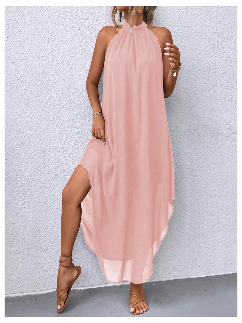 Verdusa Women's Formal Wedding Guest Dress Halter Flowy Chiffon Asymmetrical Long Summer Dress Light Pink Large - Image 3