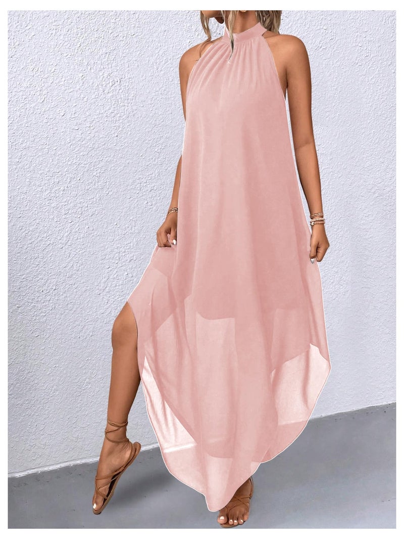 Verdusa Women's Formal Wedding Guest Dress Halter Flowy Chiffon Asymmetrical Long Summer Dress Light Pink Large - Image 4