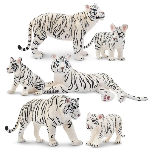 Toymany 6PCS Realistic White Tigers Figurines with Tiger Cubs 26 Jungle Animals Figures Family Set Includes Baby Tigers Educational Toy Cake Toppers Christmas Birthday Gift for Kids Toddlers - Image 1