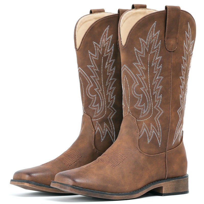 IUV Cowboy Boots For Women Square Toe Wide Western Boots Mid Calf Cowgirl Boots Pull On Embroidered Brown Cowboy Boots - Image 1