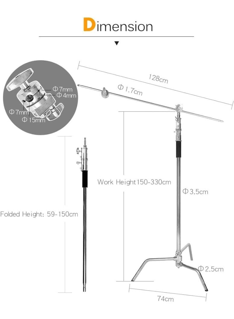 general Stainless Steel Stand with Boom Arm 320cm , Heavy Duty Photography Light Stand, Adjustable Studio Tripod for Softbox, Reflector, Flash, Umbrella, Video Lighting Equipment - Image 3