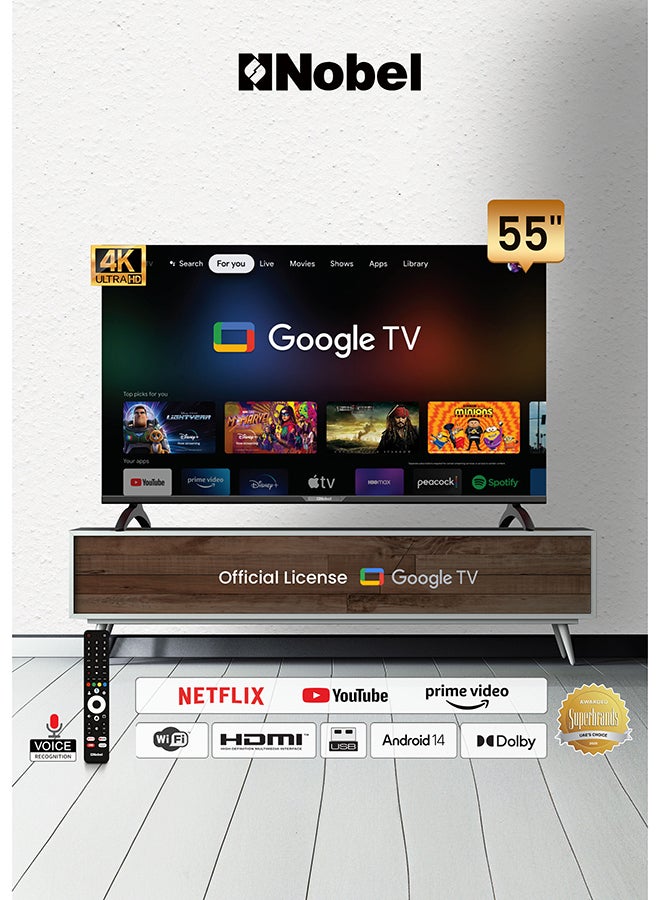 Nobel 55-Inch 4K UHD Google TV, Dolby Sound & Voice Control, Android 14, Smart TV, Netflix YouTube Prime, Wi-Fi & Bluetooth Connectivity – UHD55G UHD55G Black
