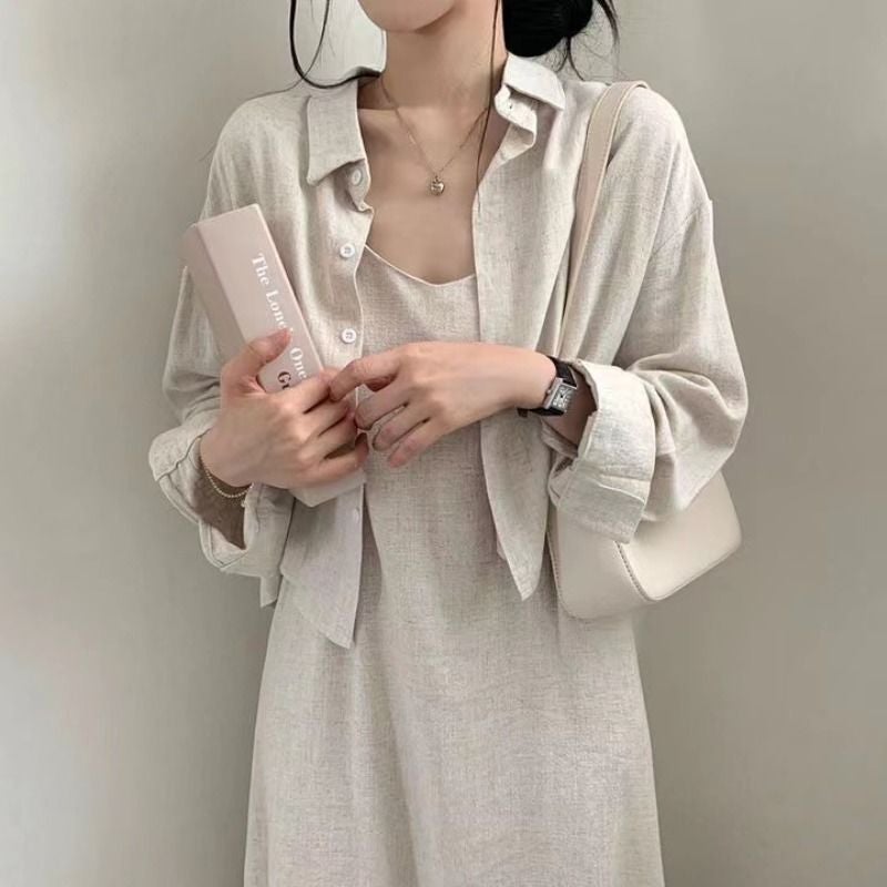 Korean Style Chic Spring & Fall French Retro Elegant Age-Reducing Suspender Dress + Shirt Jacket Two-Piece Set For Women - Image 3