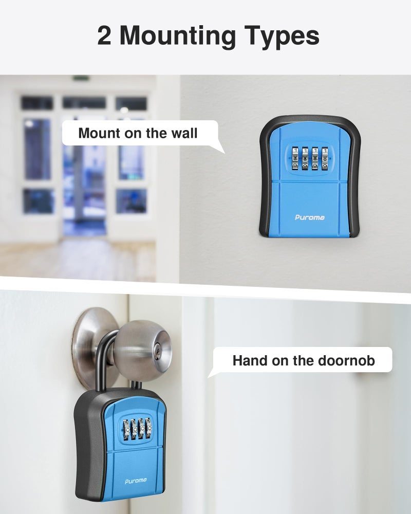 Puroma Portable Combination Lock Box - Wall-Mounted Key Storage for House, Office, Apartment - Resettable Code Safe Security Box With Spare Key Storage (1 Pack, Gray) - Image 2