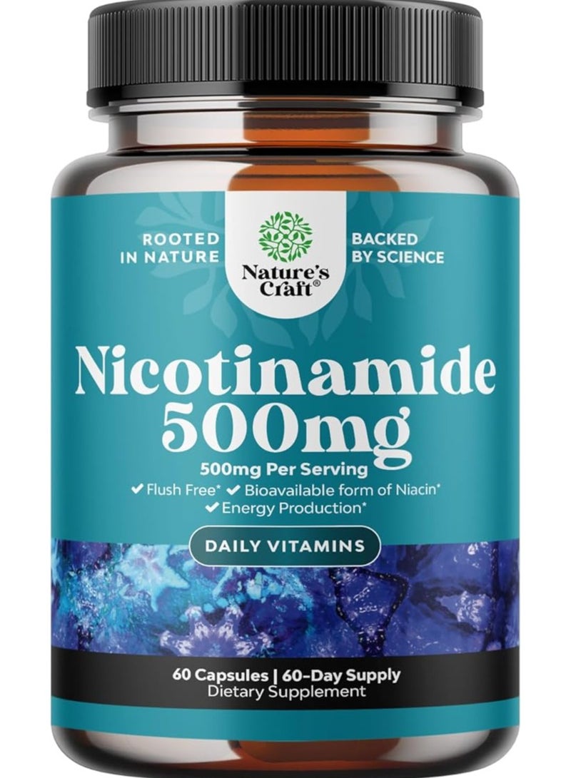 Natures Craft Nicotinamide 500mg,Flush Free,Niacin & Energy Production - 60 Capsules - Image 1