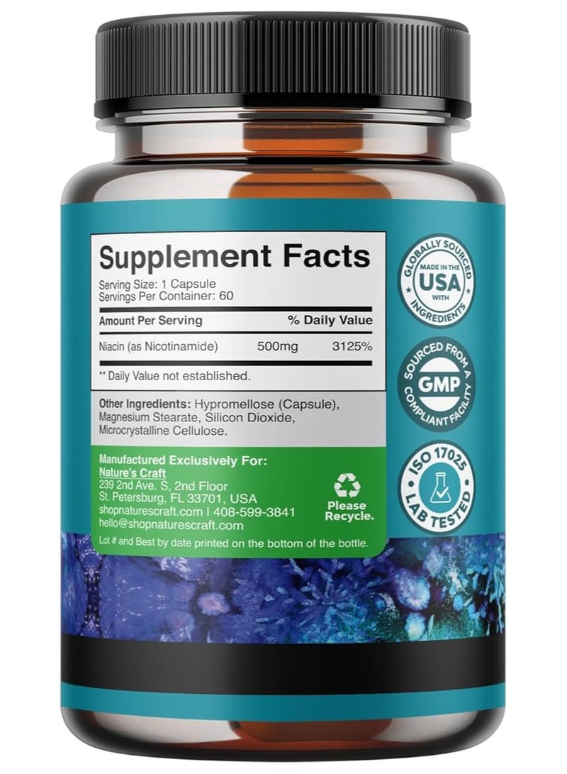 Natures Craft Nicotinamide 500mg,Flush Free,Niacin & Energy Production - 60 Capsules - Image 2