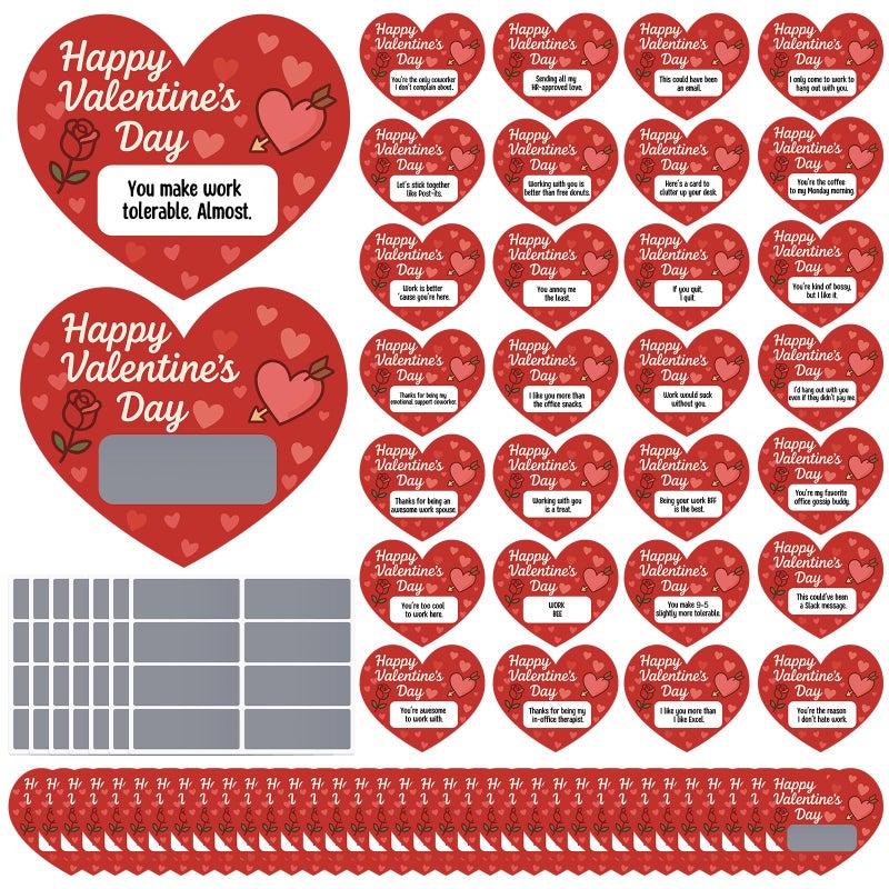 Glenmal 120 Sets Valentines Day Scratch off Cards Gift Red Heart Shaped Scratch Cards Funny Happy Valentines Love Game Card Self Adhesive for Coworker Employee Staff Team Adult Office Party Favor - Image 1