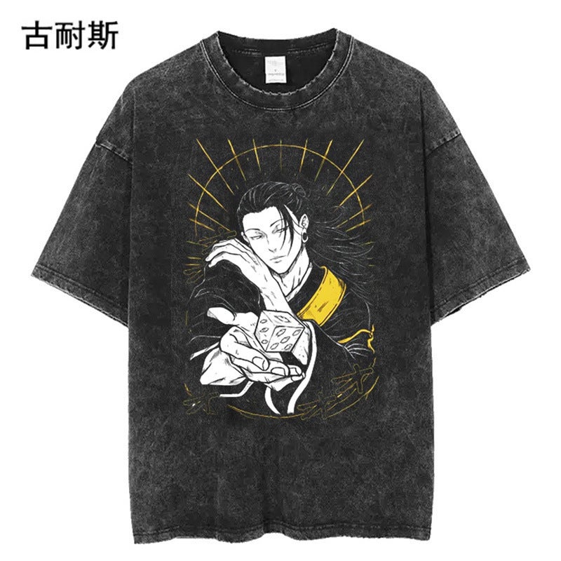 Lazada Hip-Hop Street Retro Loose Wash Water Do Old Short Sleeve T-Shirt Men Ins Tide - Image 1