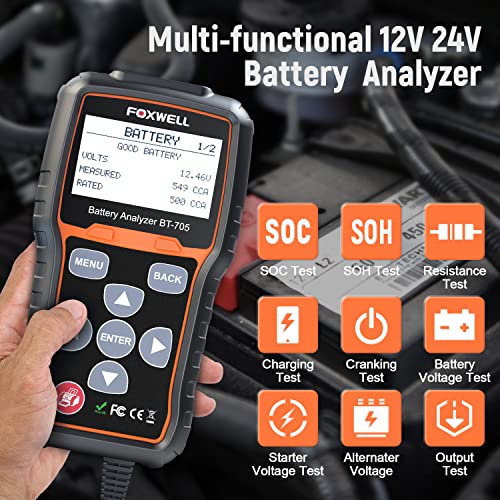FOXWELL BT705 Car Battery Tester 12V 24V, Automotive 100-2000CCA Battery Load Tester Analyzer, Digital Cold Cranking Charging System Alternator Tester for Heavy Duty Truck Boat Marine SUV ATV - Image 2