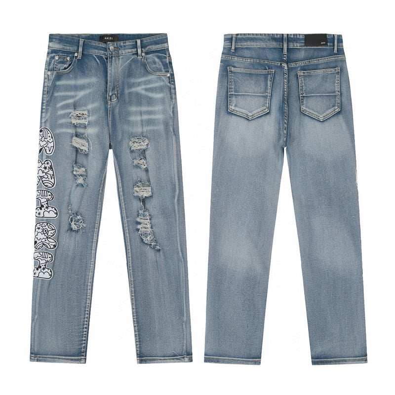 High-End Trendy A-Grade Heavy-Duty Washed Distressed High-Street Embroidered Unisex Jeans With Vintage Patchwork - Image 1