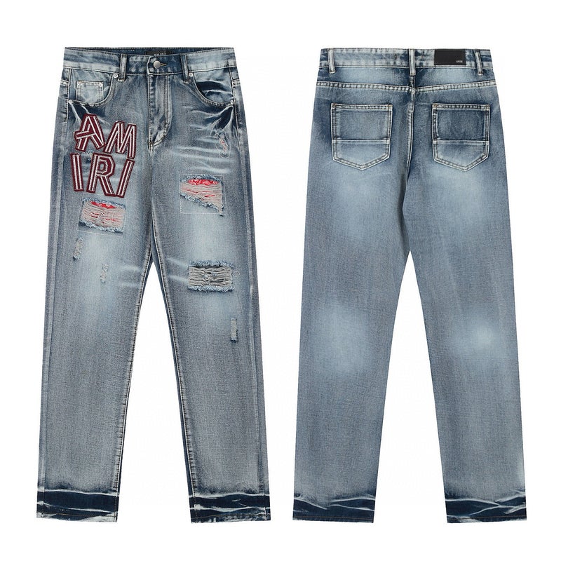 High-End Trendy A-Grade Heavy-Duty Washed Distressed High-Street Embroidered Unisex Jeans With Vintage Patchwork - Image 5