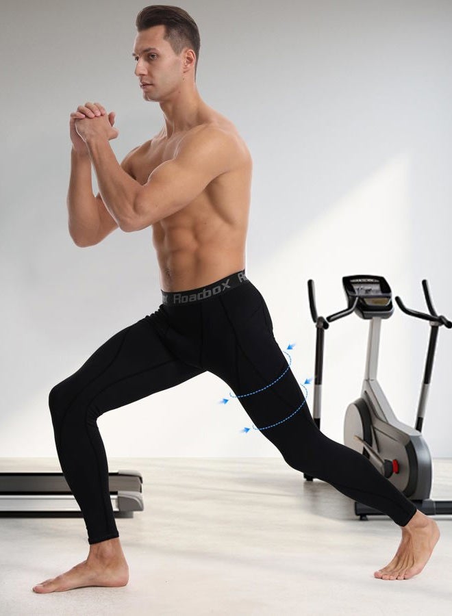 Roadbox 1 or 2 Pack Compression Pants Men, Running Workout Leggings with Pockets, Gym Basketball Athletic Tights Base Layer, Black, 3XL - Image 3