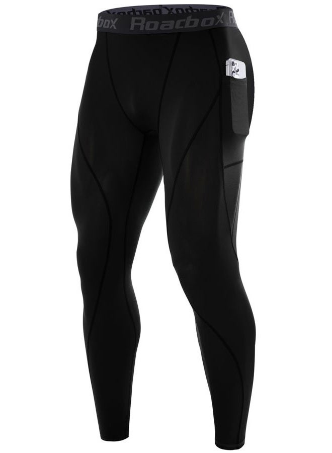 Roadbox 1 or 2 Pack Compression Pants Men, Running Workout Leggings with Pockets, Gym Basketball Athletic Tights Base Layer, Black, 3XL - Image 1