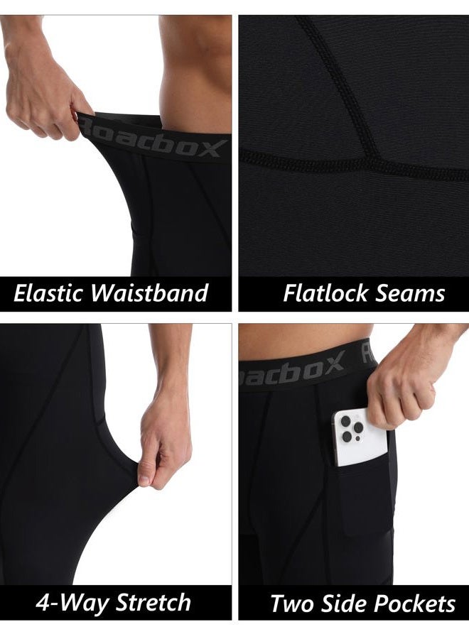Roadbox 1 or 2 Pack Compression Pants Men, Running Workout Leggings with Pockets, Gym Basketball Athletic Tights Base Layer, Black, 3XL - Image 4