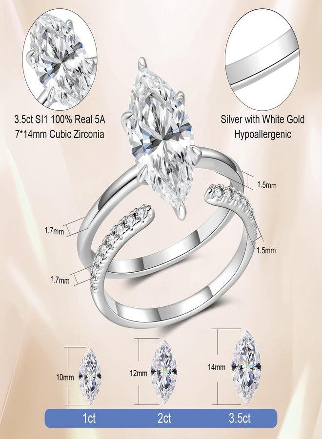 AVECON 3.5CT Marquise Cut Engagement Ring Set for Women, Wedding Promise Cubic Zirconia Band, 14K Gold/White Gold Plated Stackable Adjustable Bridal Half Eternity Open Rings, Size 5-9, 7, White Gold - Image 3