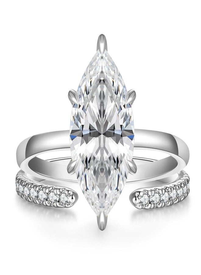 AVECON 3.5CT Marquise Cut Engagement Ring Set for Women, Wedding Promise Cubic Zirconia Band, 14K Gold/White Gold Plated Stackable Adjustable Bridal Half Eternity Open Rings, Size 5-9, 7, White Gold - Image 1