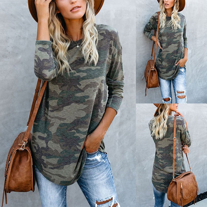 2020 AliExpress Europe and the United States autumn and winter new tops camouflage printing round neck long-sleeved t-shirt women y-508 green XL - Image 2
