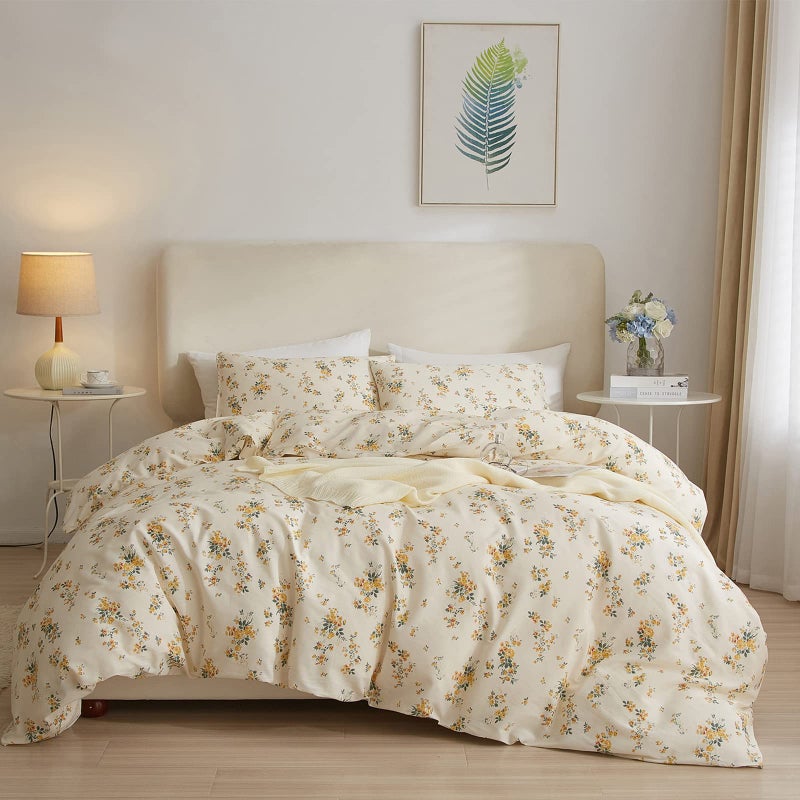 EAVD Yellow Floral Duvet Cover Queen Cotton Reversible Garden Floral Bedding Sets Full Aesthetic 1 Botanical Duvet Cover with 2 Pillowcases Chic Aesthetic Flower Bedding Sets for Girls Women - Image 1