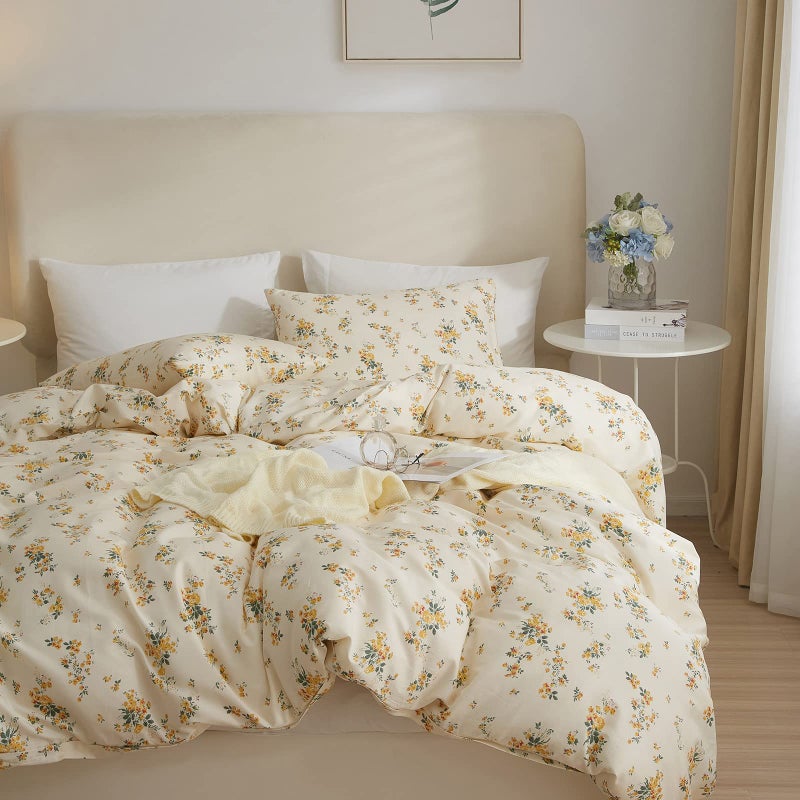 EAVD Yellow Floral Duvet Cover Queen Cotton Reversible Garden Floral Bedding Sets Full Aesthetic 1 Botanical Duvet Cover with 2 Pillowcases Chic Aesthetic Flower Bedding Sets for Girls Women - Image 3