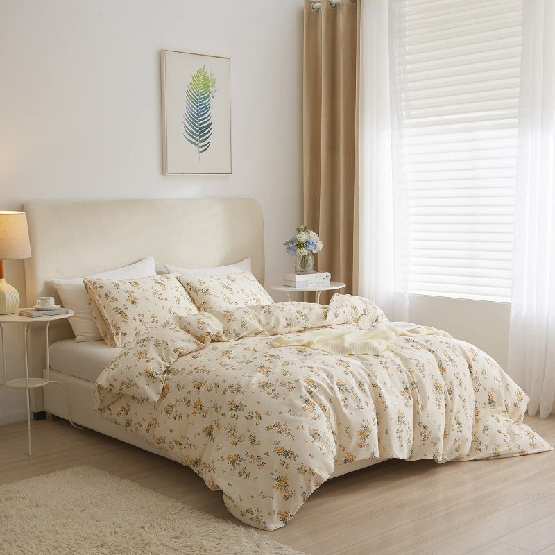 EAVD Yellow Floral Duvet Cover Queen Cotton Reversible Garden Floral Bedding Sets Full Aesthetic 1 Botanical Duvet Cover with 2 Pillowcases Chic Aesthetic Flower Bedding Sets for Girls Women - Image 2