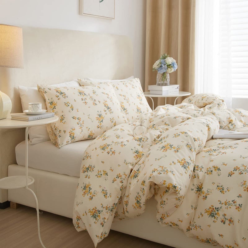 EAVD Yellow Floral Duvet Cover Queen Cotton Reversible Garden Floral Bedding Sets Full Aesthetic 1 Botanical Duvet Cover with 2 Pillowcases Chic Aesthetic Flower Bedding Sets for Girls Women - Image 4