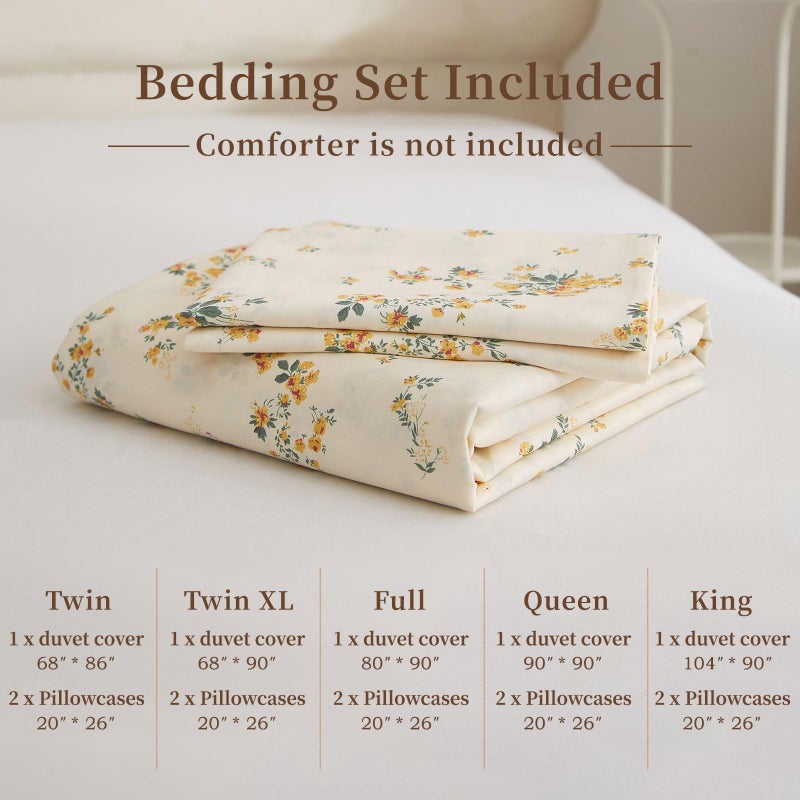 EAVD Yellow Floral Duvet Cover Queen Cotton Reversible Garden Floral Bedding Sets Full Aesthetic 1 Botanical Duvet Cover with 2 Pillowcases Chic Aesthetic Flower Bedding Sets for Girls Women - Image 5