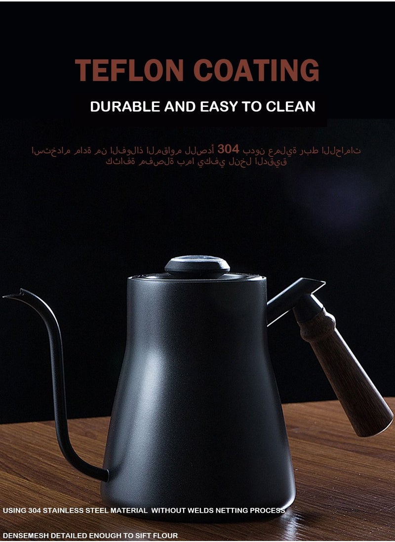ايكي ايك - غلاية قهوة V60 برقبة بجعة مع غطاء ميزان حرارة ومقبض من الخشب الصلب 304 إبريق شاي من الفولاذ المقاوم للصدأ مع طلاء تفلون أسود - Image 1