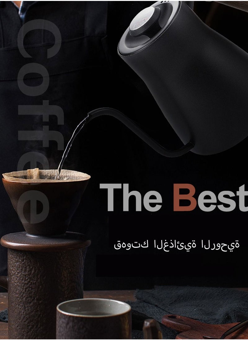 ايكي ايك - غلاية قهوة V60 برقبة بجعة مع غطاء ميزان حرارة ومقبض من الخشب الصلب 304 إبريق شاي من الفولاذ المقاوم للصدأ مع طلاء تفلون أسود - Image 1