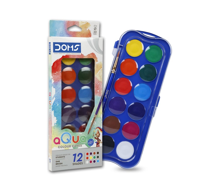 Doms 12 Shades 30mm Water Colour Cakes | Easy To Use Palette Lid | Organic Rich Colour Pigments | Free Brush Inside | Non-Toxic & Safe For Kids | Pack of 1 - Image 1